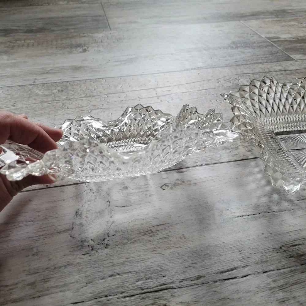 Pair of Vintage Indiana Glass Diamond Point‎ Square Bowls – Clear Pressed Glass